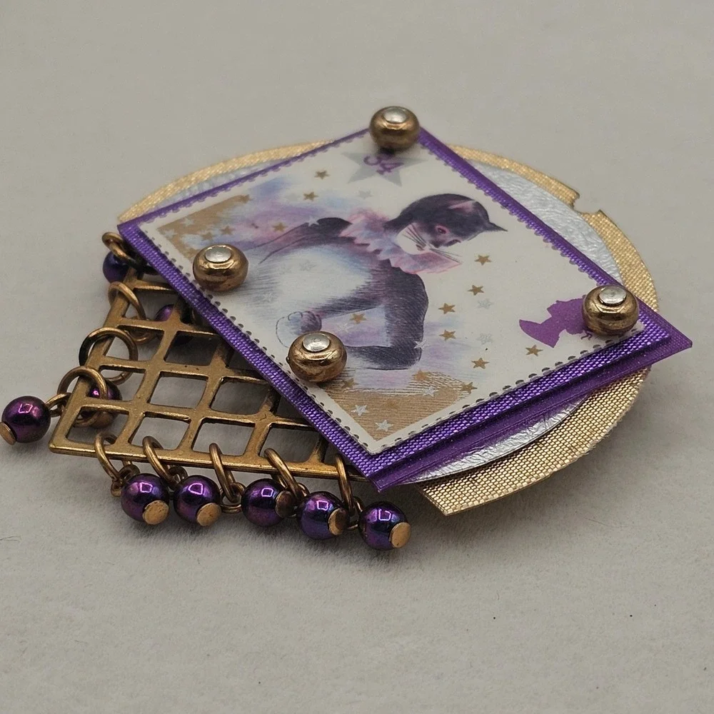 Handmade Brooch Pin Cats Stamp Whimsical Musical Purple Gold Tone Art Wear